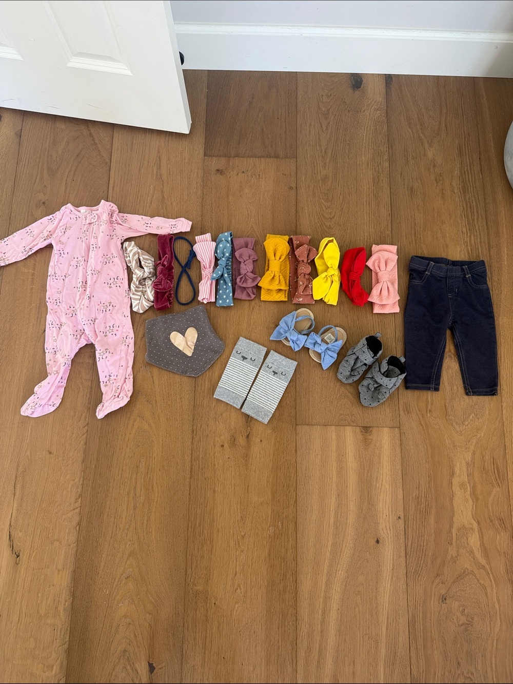 Baby Headband Set with Pink Floral Footed Sleeper & Navy Pants Multiple Brands